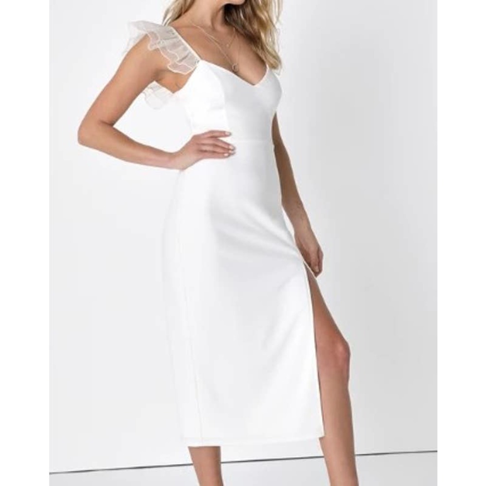 LULU'S SZ L Angelic Appearance White Ruffled Bodycon Midi Dress NEW B123